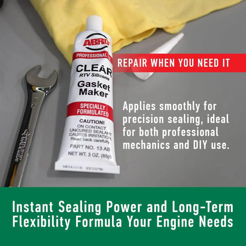 Garage Tough High Temp Silicone Sealant And Gasket Maker For Automotive And Industrial Use Up To 500 Degree Fahrenheit Heat Clear 3 Oz Tube Durable Flexible Sealant That Resists Oil Water Antifreeze And Transmission Fluid tube and tools on table.