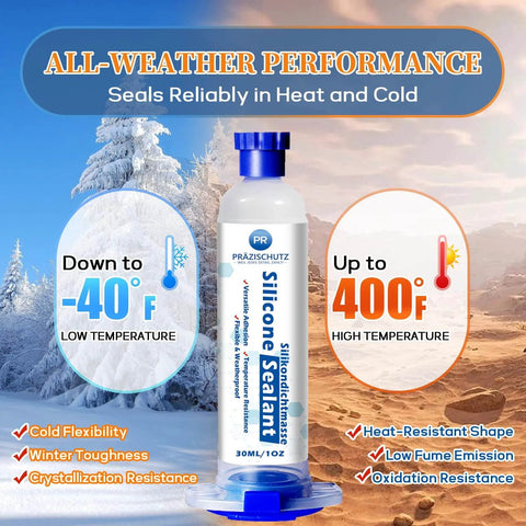 Clear RTV Silicone Sealant For High Temperature And Waterproof Seals Flexible All Purpose Caulk For Home Auto And Crafts No Leak Guarantee Ideal For Kitchens Bathrooms Showers Windows Glass Ceramic Plastic 30ml bottle with temperature range from -40°F to 400°F.
