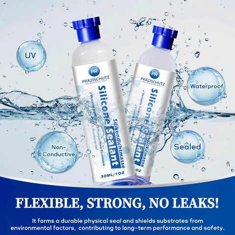 Clear RTV Silicone Sealant For High Temperature And Waterproof Seals Flexible All Purpose Caulk For Home Auto And Crafts No Leak Guarantee Ideal For Kitchens Bathrooms Showers Windows Glass Ceramic Plastic 30ml, two bottles floating in water, product logo displayed