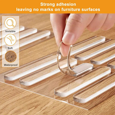 30 Piece Clear Door Slam Silencers Self Adhesive Cabinet Bumpers 2.5x0.4x0.08 Inches Soft Polyurethane being peeled off surface