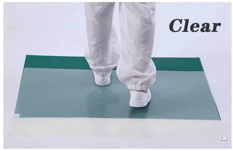Person stepping on Sticky Mats For Cleanrooms And Laboratories 60 By 90 Cm 10 Pack 300 Sheet Adhesive Debris Mats Anti Dust Anti Static