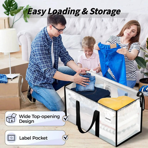 Family using 8 Pack Extra Large Heavy Duty Moving Bags Clear Storage Bins With Lids Reinforced Handles And Heavy Duty Zippers For Clothes Packing