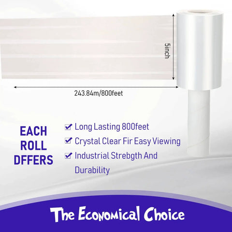 Clear Stretch Wrap 20 Roll Bundle 5 Inch By 800 Feet Heavy Duty 80 Gauge Plastic Wrap With Handle For Packing Moving Furniture Pallets Self Adhering Industrial Film, showing one roll with dimensions.