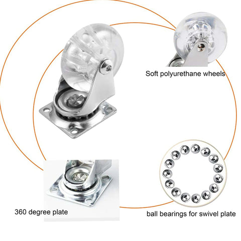 4 Pack Swivel Caster Wheels for Furniture 2 Inch Heavy Duty Crystal Clear Polyurethane Rolling Castors with 360 Degree Plate details.