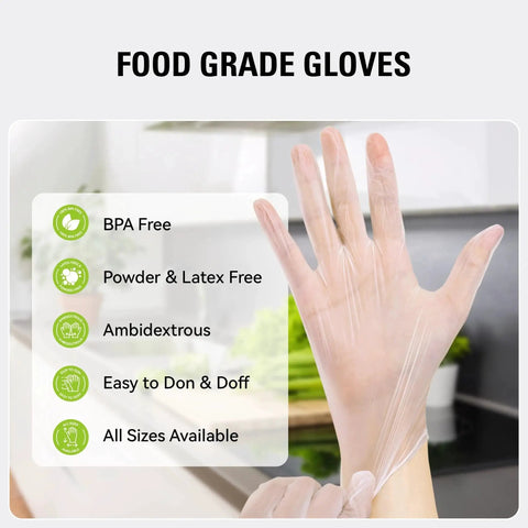 Clear hand wearing Disposable Vinyl Gloves For Food Prep And Cooking, Powder Free Latex Free Clear PVC Gloves, with food grade features.