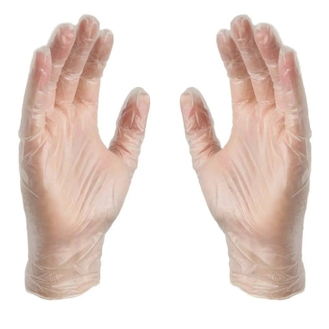 Clear Vinyl Gloves Latex Free Powderfree Food Safe Disposable Nonsterile worn on hands, transparent design, front view.