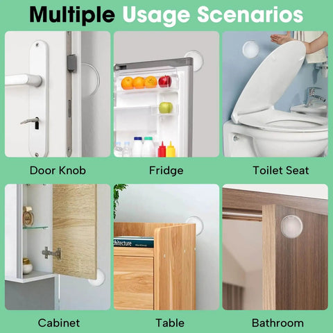 Medium 2 Inch Door Stopper Set Of 6 Heavy Duty Wall Protectors For Door Knobs Quiet Self Adhesive Shield Transparent Clear Wall Guard To Prevent Dents Scuffs And Slams shown in various installation scenarios including door, fridge, toilet, cabinet, table, and bathroom wall.