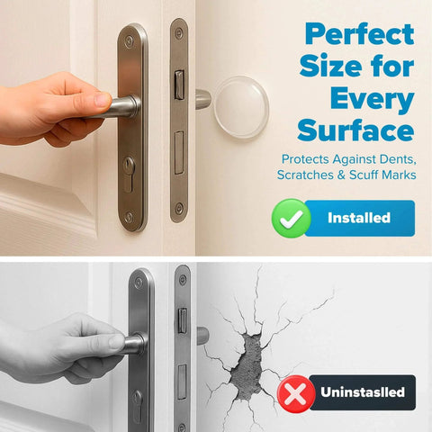 STRONGEST HOME Wall Protector for Door Knobs, 2-Inch installed preventing wall damage; comparison of protected and unprotected walls.