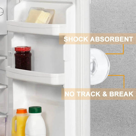 Door Stopper Wall Protector Set, Stick On Adhesive Bumper Protectors, Reusable Rubber Door Stops From Door Knobs installed on a wall.