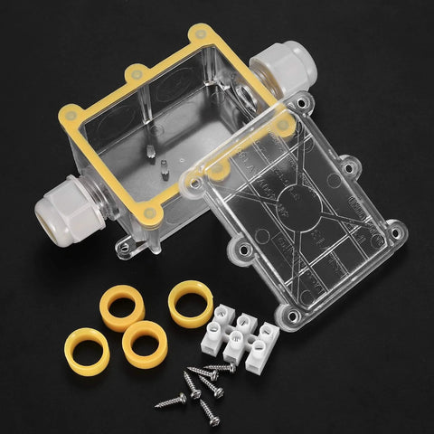 Outdoor Waterproof Junction Box 3 Way Electrical Box Clear External Underground Cable Connector with accessories and wire glands.