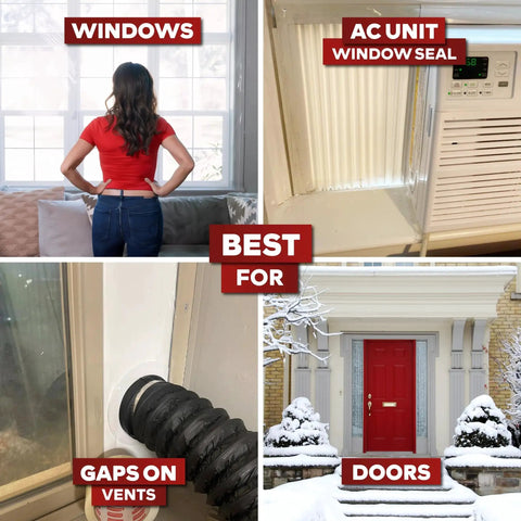 Montage showing uses of Transparent Window Weather Sealing Tape 2 Inch by 30 Yard for windows, AC units, vents, and doors.