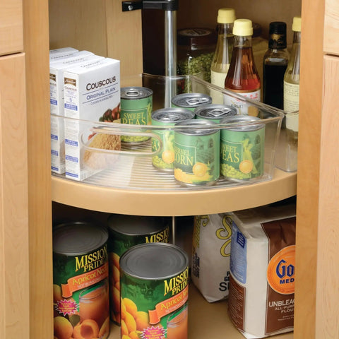 Clear 1/4 Wedge Bin For Corner Lazy Susan Cabinet Kitchen Organizer 2 Pack storing canned goods and spices in cabinet