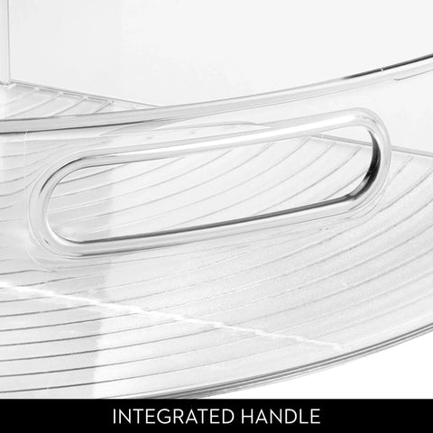 Close-up of clear 1/4 wedge bin for corner lazy Susan cabinet, showing integrated handle and durable clear plastic design
