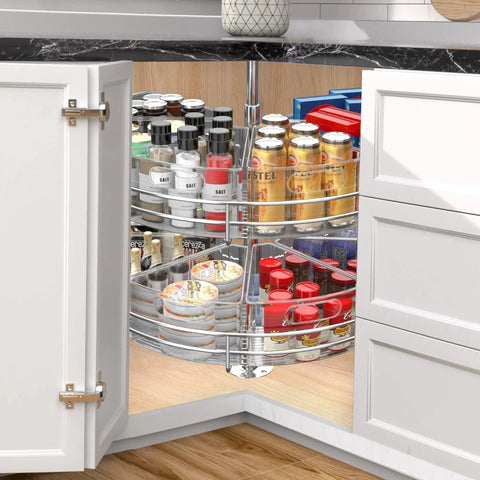 Clear One Eighth Wedge Corner Cabinet Lazy Susan Organizer Bins For 28 To 29 Inch Diameter, filled with spices and snacks.