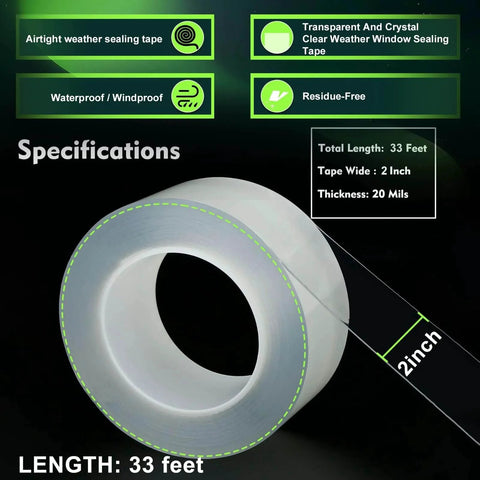 Transparent Window Weather Sealing Tape 2 Inch x 33 FT Weather Stripping Residue-Free Clear Window Insulation Tape roll