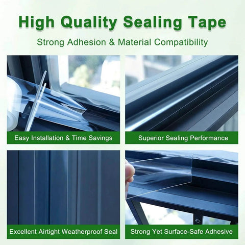 Collage showing Transparent Window Weather Sealing Tape 2 Inch x 33 FT installed on windows, demonstrating strong sealing and airtight fit.