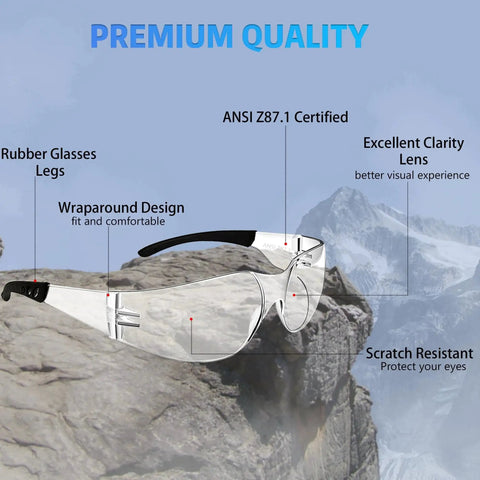 Clear Z87.1 Certified Safety Glasses with wraparound design and rubber legs, showcasing scratch-resistant polycarbonate lens.