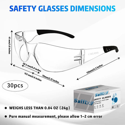 Clear Z87.1 Certified Safety Glasses For Work Lab Scratch Resistant 30 Pcs with dimensions and box packaging shown