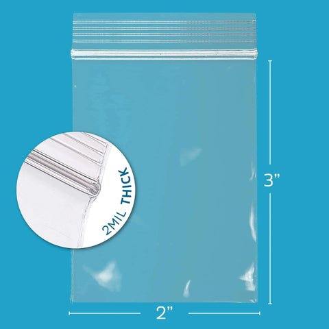 Clear Plastic Reclosable ZIP Bags 2 Mil 2x3 Inch Case of 100 for Travel Storage and Shipping, close-up on 2mil thickness