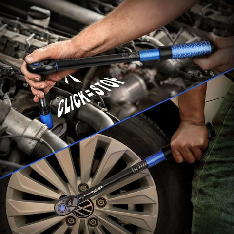 Person using UPGRADE 1/2" Drive Click Torque Wrench 10-180ft.lb on car engine and wheel, dual-direction adjustable, blue handle.