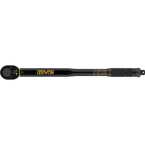 Click Torque Wrench, Half Inch Drive, 10 To 150 Foot Pounds And 13.6 To 203.5 Newton Meters, Pre Calibrated To Four Percent Accuracy, Includes Calibration Certificate With Trackable Serial Number, Made In Taiwan For Durability, black full view.