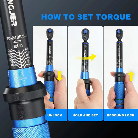 Instructional image showing how to set the Torque Wrench, UPGRADE Mini 1/4" Drive Click Torque Wrench,20-240in.lb, with three steps