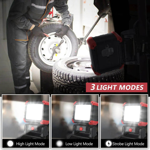 Rechargeable LED Clip On Work Light With Clamp 2 Pack 2100 Lumen COB Magnetic Work Lights shown illuminating tires