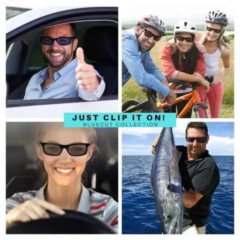 Collage showing various uses of Clip On Polarized Night Vision Driving Sunglasses Over Rx Glasses UV 400