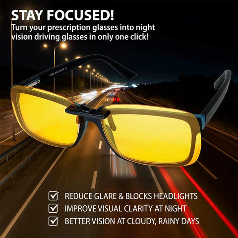 Clip On Polarized Night Vision Driving Sunglasses Over Rx Glasses UV 400 on highway background