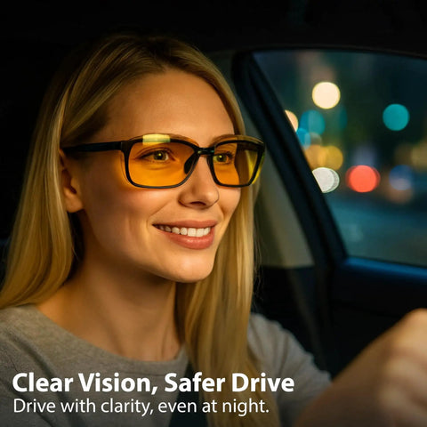 Clip On Polarized Night Vision Driving Sunglasses Over Rx Glasses UV 400 worn by a woman driving at night.
