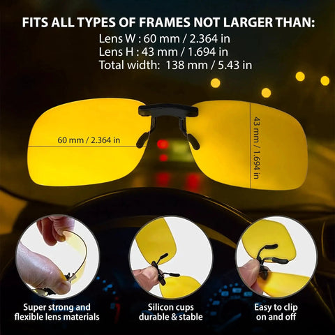 Diagram showing Clip On Polarized Night Vision Driving Sunglasses Over Rx Glasses UV 400 with lens dimensions and features.