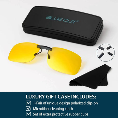 Clip On Polarized Night Vision Driving Sunglasses Over Rx Glasses UV 400 with case and cleaning cloth
