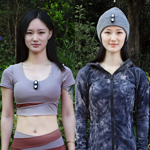 Two people wearing clip on running lights for hands-free visibility; one clipped to a vest, another to a hat, for night runs and dog walks.
