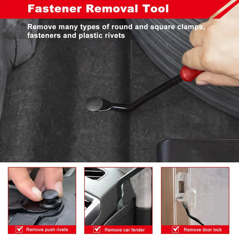 3 Piece Clip Remover Tool Set For Auto Trim And Fastener Removal, Pry Tool Kit shown removing push rivets, car fender, door lock