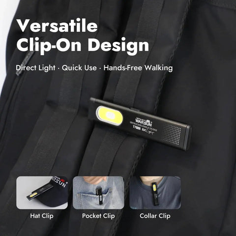 Compact multi mode pocket flashlight delivers 675 lumens, USB C recharge, IPX4 resistance, clipped to backpack strap