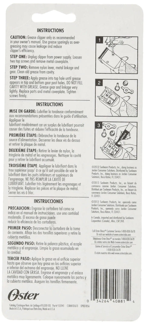 Back of packaging with instructions for Premium Clipper Grease for Pet Grooming by Oster Gear Lube, includes usage diagrams.