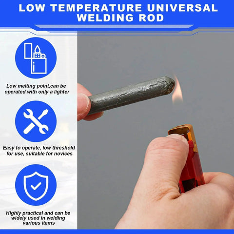Close-up of 24 Pcs Low Temperature Universal Welding Rods Kit for Stainless Steel Iron Aluminum Electrodes Solder Sticks in use with a lighter
