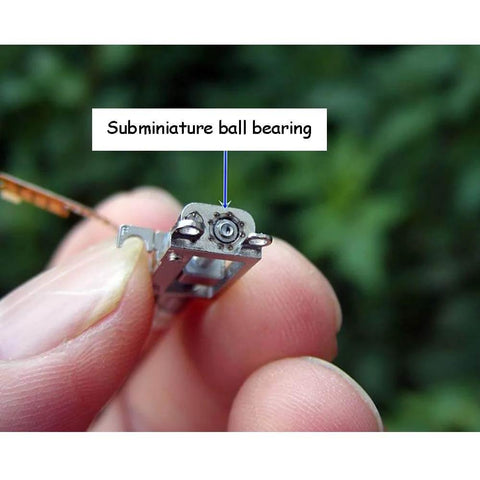 Close-up of Mini Micro 4mm 5V 2-Phase 4-Wire Precision Planetary Gearbox Gear Stepper Motor with exposed subminiature ball bearing.
