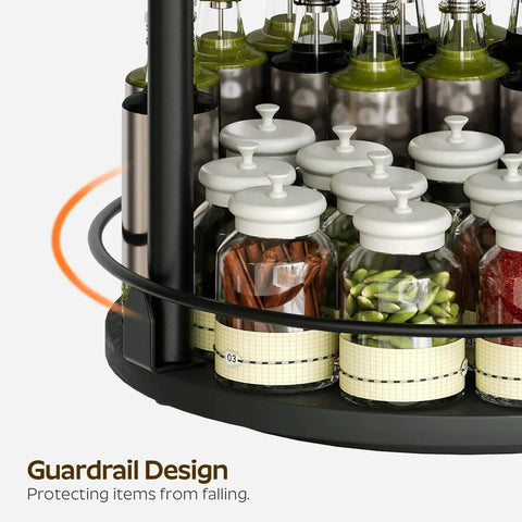 Close-up of Three Tier Lazy Susan Organizer With 360 Degree Rotation Ball Bearing Turntable Spice Rack showcasing spices and jars