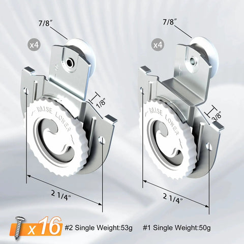 8 Piece Closet Door Roller Kit For Sliding Wardrobes With Top Rollers And Adjustable Screws, close-up view showing size details.