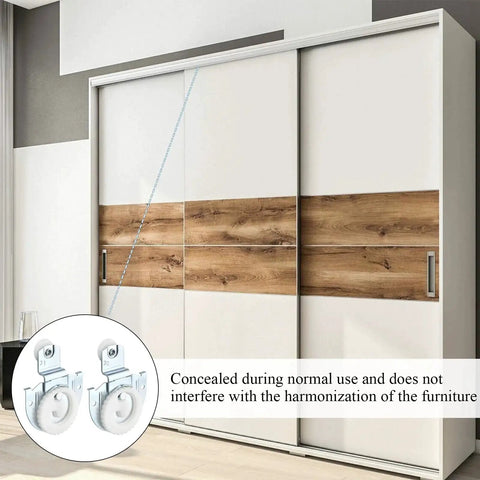 12 Pack 6 Set Sliding Closet Door Roller Kit with Bypass Hardware Replacement Adjustable Door Hooks for Wardrobe Cabinets Delivers Smooth Quiet Sliding Performance with Durable Galvanized Steel Rollers installed on a wardrobe cabinet