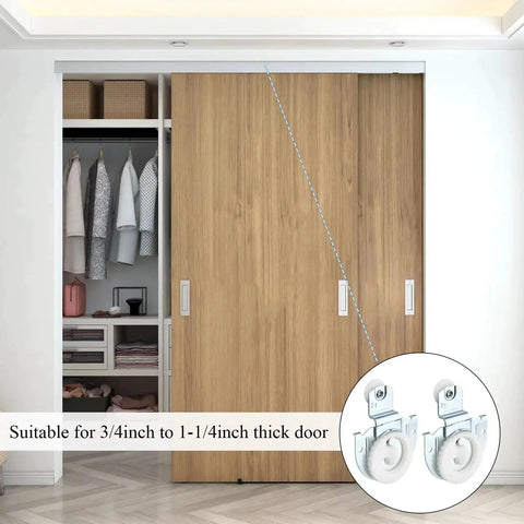 12 Pack 6 Set Sliding Closet Door Roller Kit with Bypass Hardware Replacement Adjustable Door Hooks for Wardrobe Cabinets Delivers Smooth Quiet Sliding Performance with Durable Galvanized Steel Rollers installed on wooden wardrobe door
