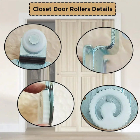 Close-up of Quiet Sliding Closet Door Rollers Replacement Set Seven Eighths Inch Wheels For Wardrobe Cabinets Top Mounts Smooth Operation Upgrade Hardware For Three Quarters To One And One Quarter Inch Doors Includes Eight Pieces