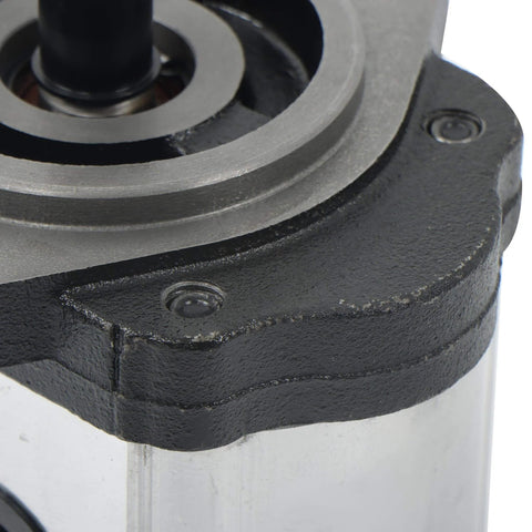 Close-up of 4-18GPM Hydraulic Gear Pump SAE A-2 Flange Cast Iron 9-Spline Shaft CW showing flange and cast iron body