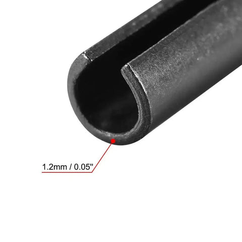 Close-up of a Slotted Spring Pin 6mm by 40mm 65Mn Plain Finish, showing thickness measurement detail for small machine projects.