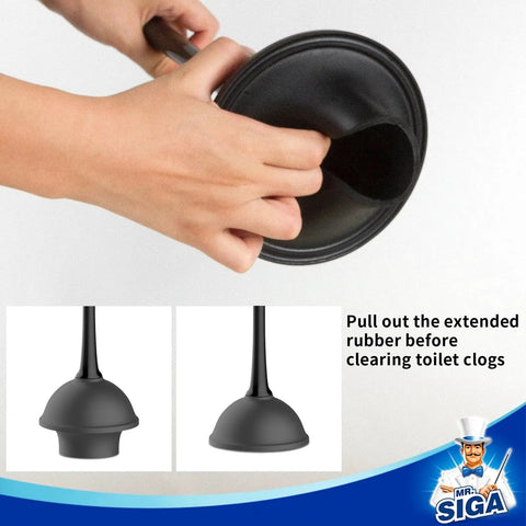 Demonstrating rubber extension on 2 In 1 Toilet Plunger And Bowl Brush Set With Dual Compartment Stand Black for clog clearing.