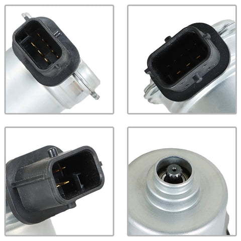 Clutch actuator connector, black plastic 6-pin housing for automotive transmission

Clutch actuator connector side view, black 6-pin housing mounted on a silver actuator

Close-up of clutch actuator connector, black housing with gold pins

Metal clutch actuator with splined drive shaft and gear ready for installation