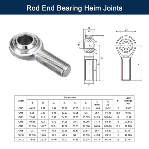 CM6 rod end bearing heim joint kit, 3/8 inch bore, 3/8-24 right hand male thread, steel body, diagram and specs table, 2 pcs