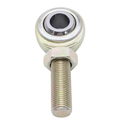 Close-up of a 2 pcs CML8 rod end heim joint, 1/2 inch bore with 1/2-20 left hand male thread, carbon steel construction for machinery