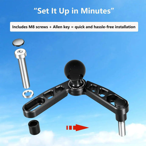 CNC Aluminum Ball Base Mount For Motorcycle Front Fork Stem 1 Inch Ball with installation set, screws, and Allen key